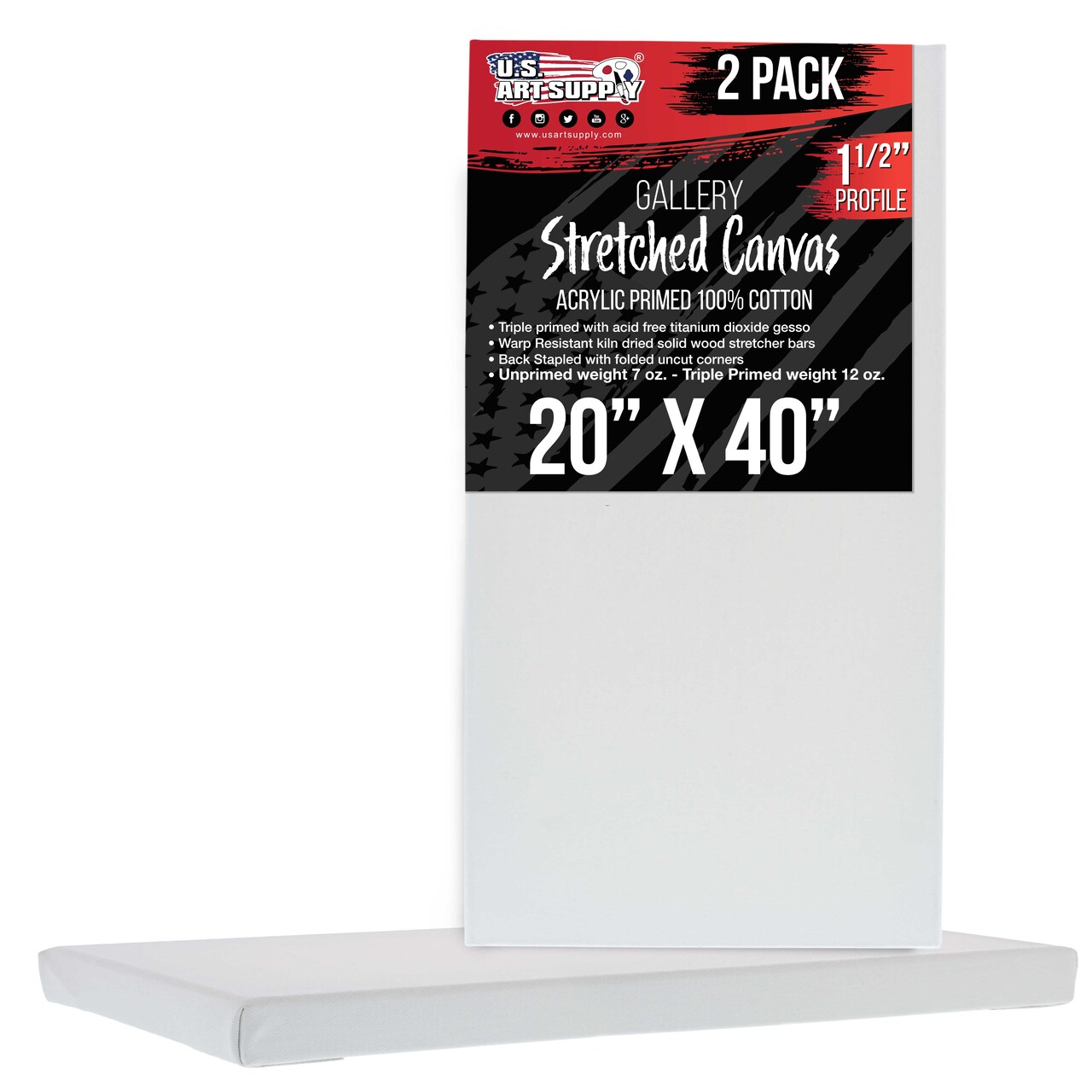 Large Stretched Canvas for Painting 20x40 inch Gallery Depth 1-1/2" Thick, 2-Pack - 12oz Acrylic Gesso Triple Primed, Professional Artist Quality, 100% Cotton - Oil, Pouring Paint
